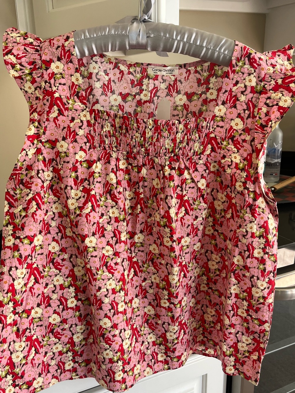 Large Brand New Pink and Red Floral Shirred Ruffle Sleeve Top